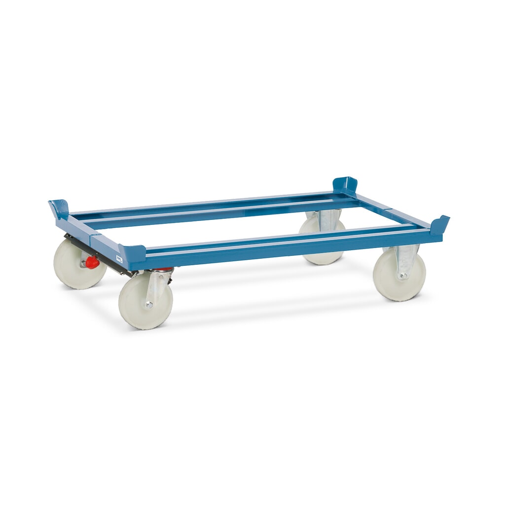 Produktabbildung: fetra® Fahrgestell mit Fangecken, TK 1.000 kg, für Paletten 1.200 x 800 mm, Polyamid-Bereifung, mit Zentralbremse
