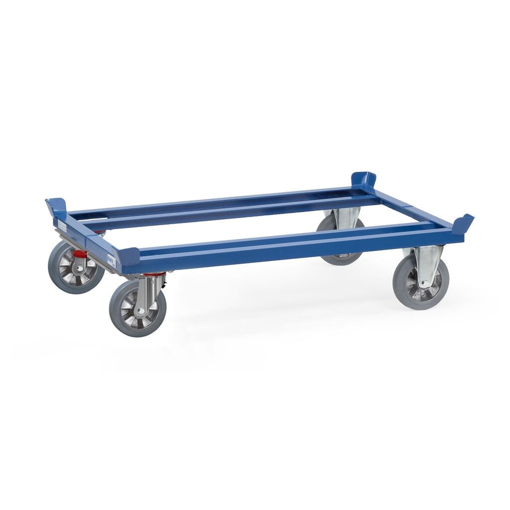 fetra® Fahrgestell mit Fangecken, TK 1.200 kg, für Paletten 1.200 x 800 mm, Elastik-Vollgummi-Bereifung, mit Zentralbremse Produktabbildung: fetra® Fahrgestell mit Fangecken, TK 1.200 kg, für Paletten 1.200 x 800 mm, Elastik-Vollgummi-Bereifung, mit Zentralbremse