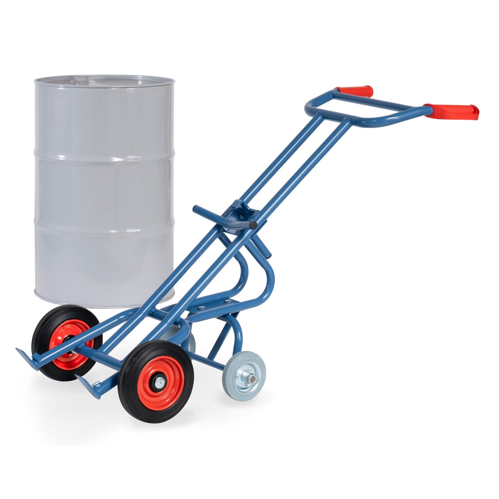 Produktabbildung: fetra® Fasskarre, Tragkraft 300 kg, mit 2 Stützrollen, Vollgummi-Bereifung