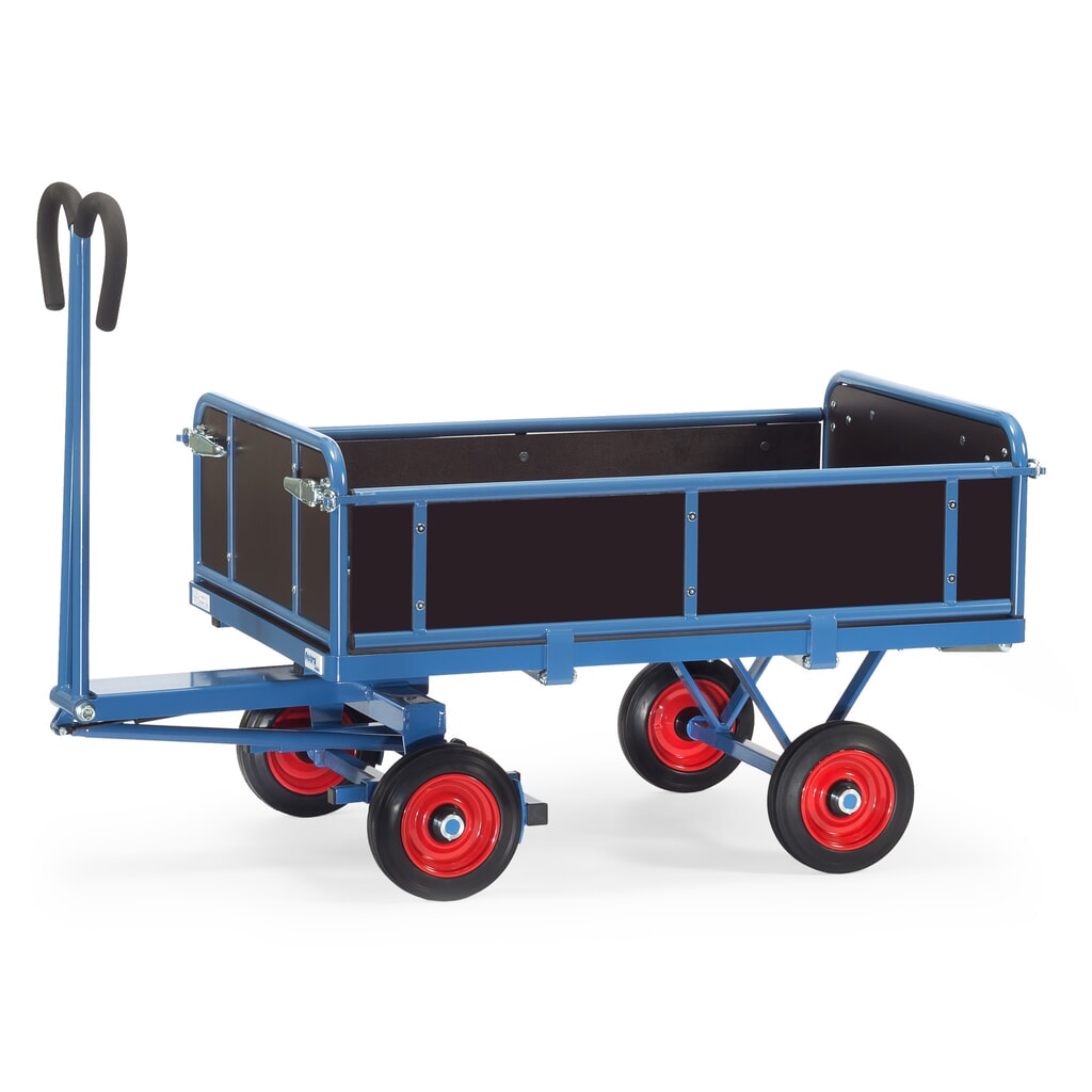 fetra® Handpritschenwagen mit 3 abklappbaren Wänden, Ladefläche 800 x 1.200 mm, TK 700 kg, Vollgummi-Bereifung Produktabbildung: fetra® Handpritschenwagen mit 3 abklappbaren Wänden, Ladefläche 800 x 1.200 mm, TK 700 kg, Vollgummi-Bereifung