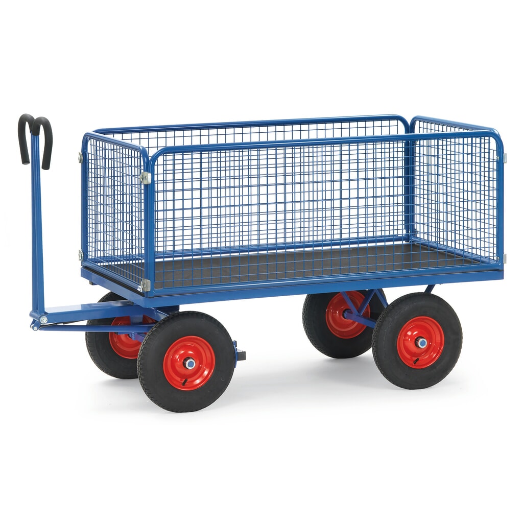 fetra® Handpritschenwagen mit Drahtgitterwänden H 600 mm, Ladefläche 1.000 x 2.000 mm, TK 1.250 kg, Luft-Bereifung Produktabbildung: fetra® Handpritschenwagen mit Drahtgitterwänden H 600 mm, Ladefläche 1.000 x 2.000 mm, TK 1.250 kg, Luft-Bereifung