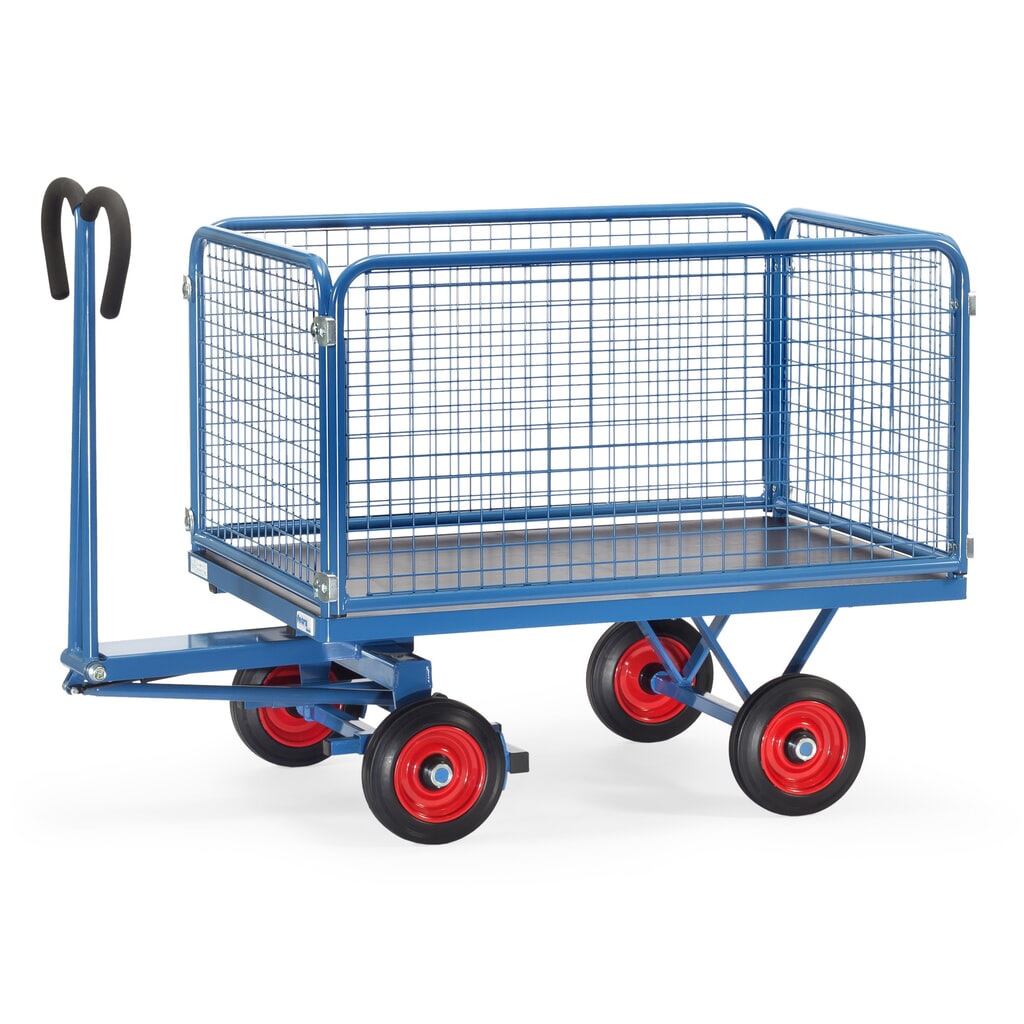 Produktabbildung: fetra® Handpritschenwagen mit Drahtgitterwänden H 600 mm, Ladefläche 800 x 1.200 mm, TK 700 kg, Vollgummi-Bereifung