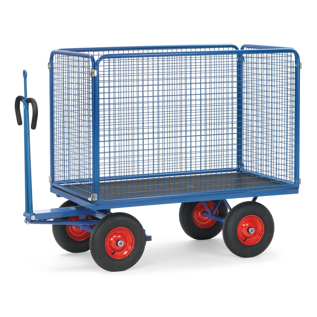 Produktabbildung: fetra® Handpritschenwagen mit Luft-Bereifung, Zugöse und Drahtgitterwänden, HxBxL 1.490 x 850 x 1.550 mm, Tragkraft 1.000 kg
