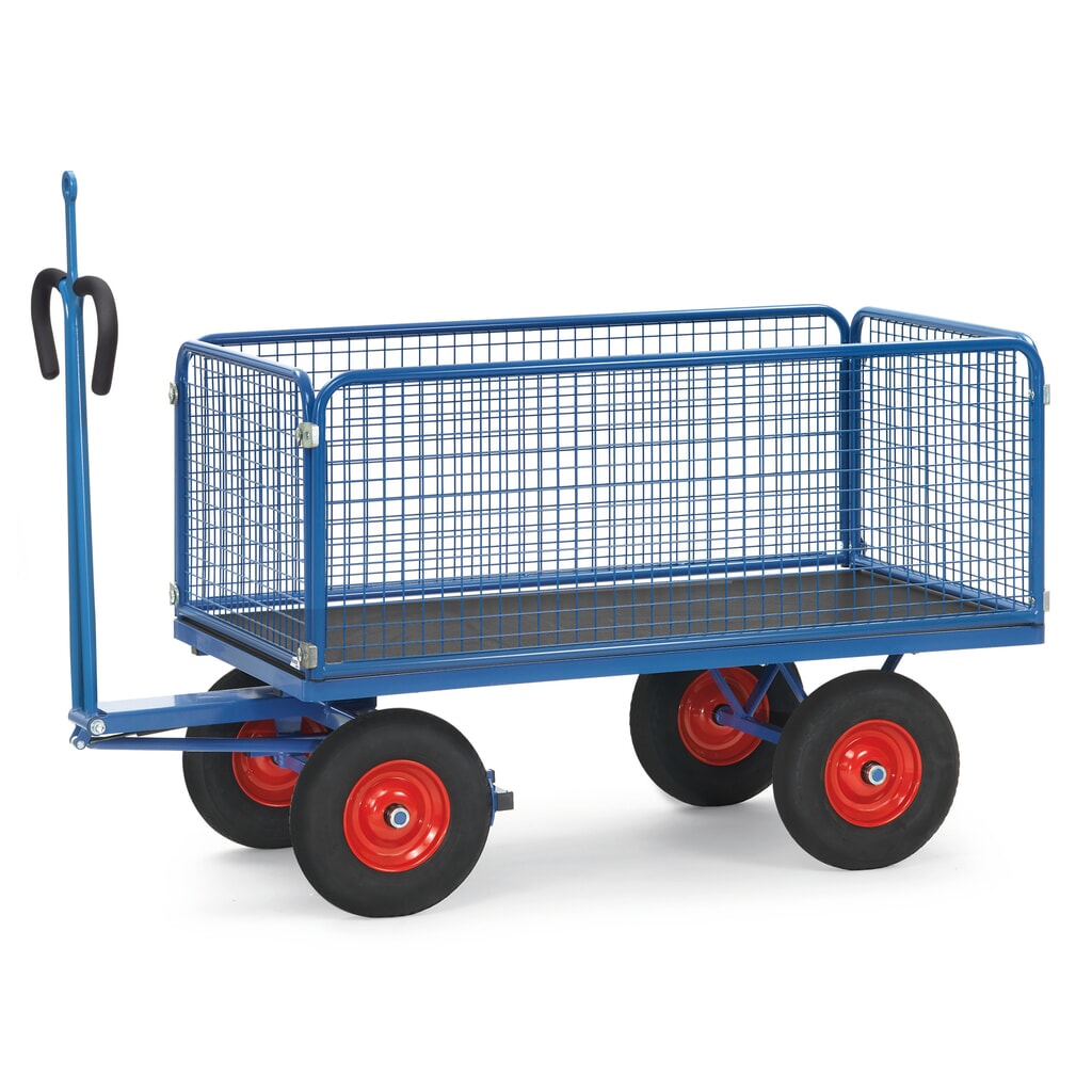 Produktabbildung: fetra® Handpritschenwagen mit Vollgummirädern, Zugöse und Drahtgitterwänden, HxBxL 1.190 x 850 x 1.550 mm, Tragkraft 1.000 kg