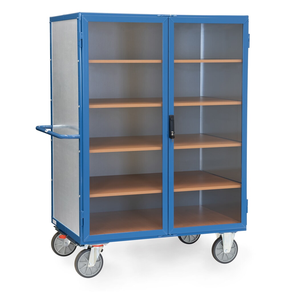 fetra® Kastenwagen mit Stahlblechwänden, transparenten Türen, 4 Zwischenböden, HxBxL 1.792 x 745 x 1.170 mm Produktabbildung: fetra® Kastenwagen mit Stahlblechwänden, transparenten Türen, 4 Zwischenböden, HxBxL 1.792 x 745 x 1.170 mm