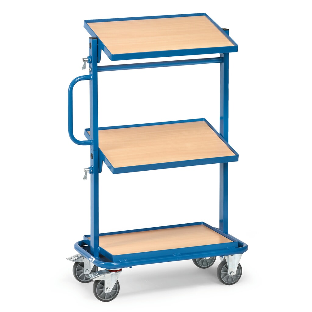 fetra® Montagewagen, Holzwerkstoffplatten, 1 fester + 2 neigbare Böden Produktabbildung: fetra® Montagewagen, Holzwerkstoffplatten, 1 fester + 2 neigbare Böden
