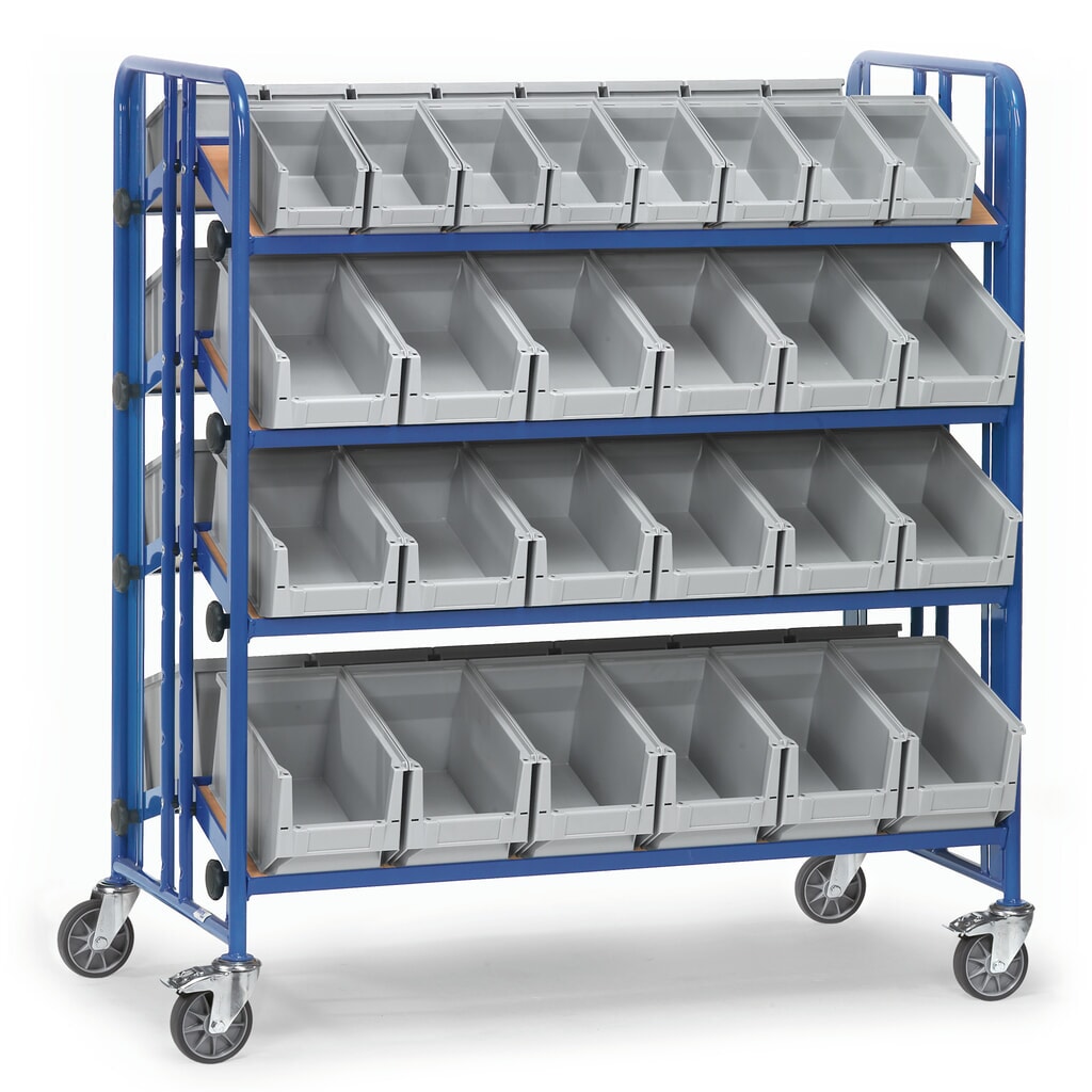 Produktabbildung: fetra® Montagewagen mit Sichtlagerkästen, 4 Etagen, zweiseitig