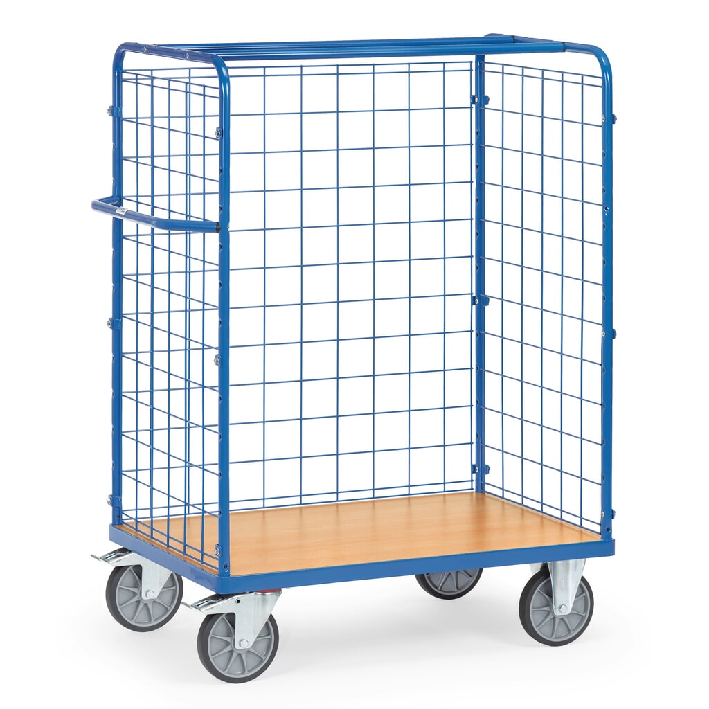 Produktabbildung: fetra® Paketwagen, 3-seitig mit Gitterwand, Ladefläche BxT 1.000 x 700 mm, Höhe 1.552 mm