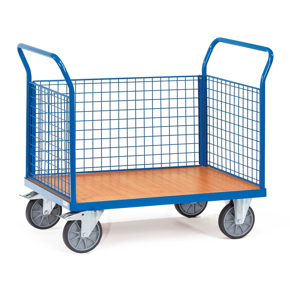 Produktabbildung: fetra® Plattformwagen, 3-seitig mit Gitterwänden, Ladefläche BxT 800 x 1.200 mm