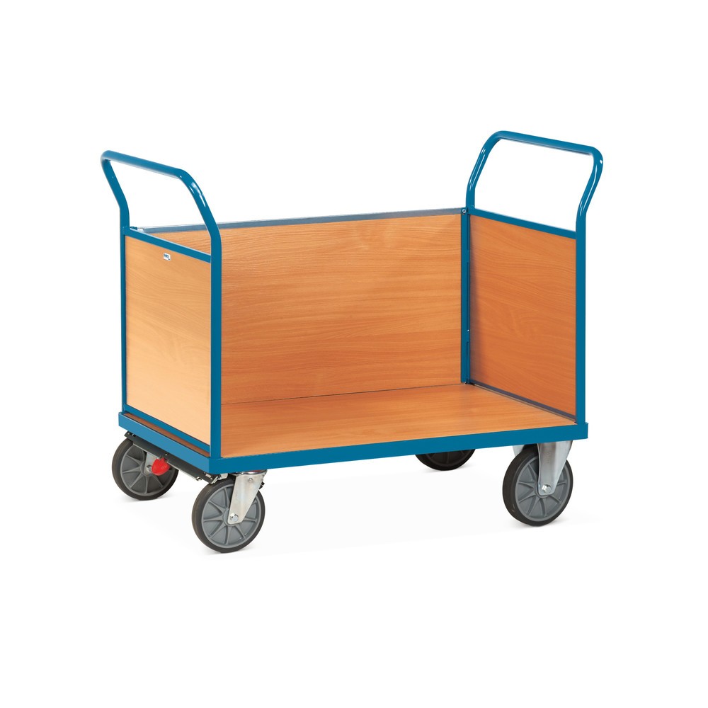 Produktabbildung: fetra® Plattformwagen, 3-seitig mit Holzwänden, Ladefläche BxT 500 x 850 mm, mit Zentralbremse