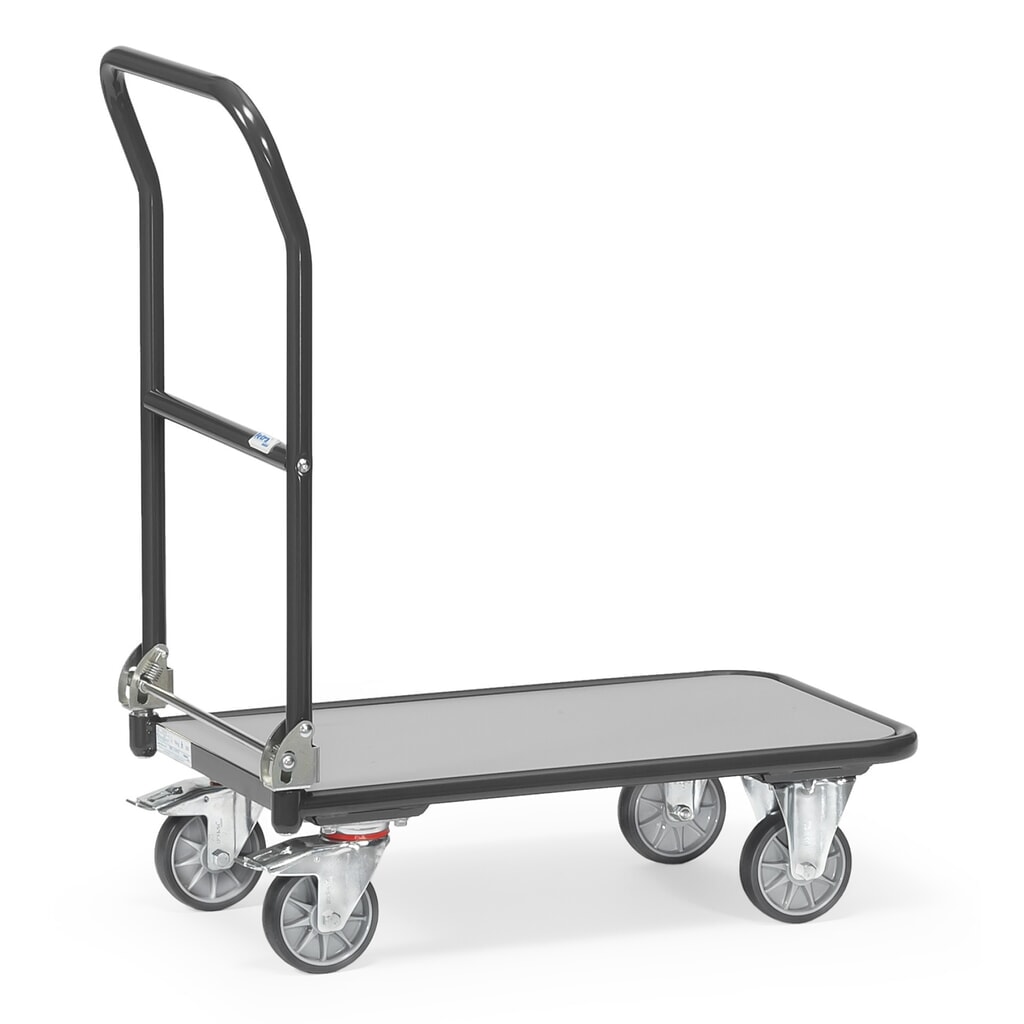 Produktabbildung: fetra® Plattformwagen mit Holzladefläche, Bügel klappbar, BxT 450 x 720 mm, TK 250 kg, anthrazitgrau