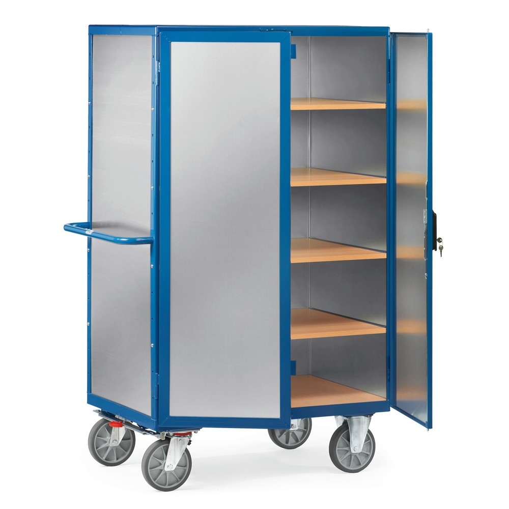 Produktabbildung: fetra® Schrankwagen, geschlossen, mit Doppelflügeltür, Alublech, 5 Etagen à 1.000 x 680 mm
