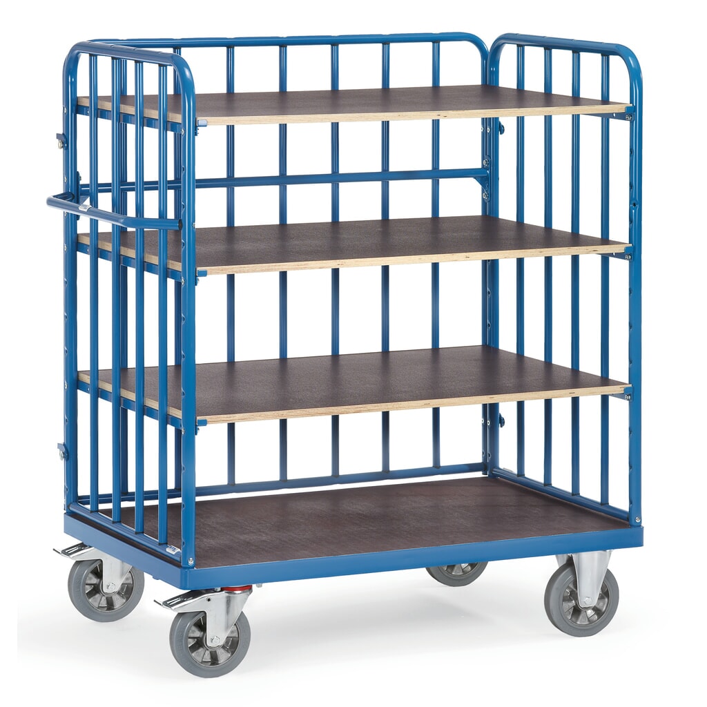 fetra® Schwerlast-Etagenwagen, 4 Etagen, 3 Gitterwände, Tragkraft 1.200 kg, HxBxL 1.583 x 724 x 824 mm Produktabbildung: fetra® Schwerlast-Etagenwagen, 4 Etagen, 3 Gitterwände, Tragkraft 1.200 kg, HxBxL 1.583 x 724 x 824 mm