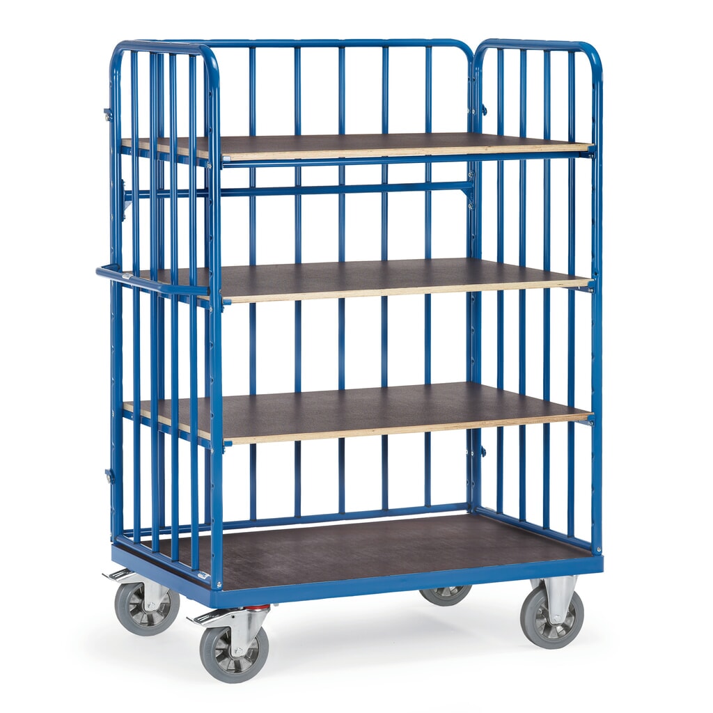 fetra® Schwerlast-Etagenwagen, 4 Etagen, 3 Gitterwände, Tragkraft 1.200 kg, HxBxL 1.817 x 724 x 824 mm Produktabbildung: fetra® Schwerlast-Etagenwagen, 4 Etagen, 3 Gitterwände, Tragkraft 1.200 kg, HxBxL 1.817 x 724 x 824 mm
