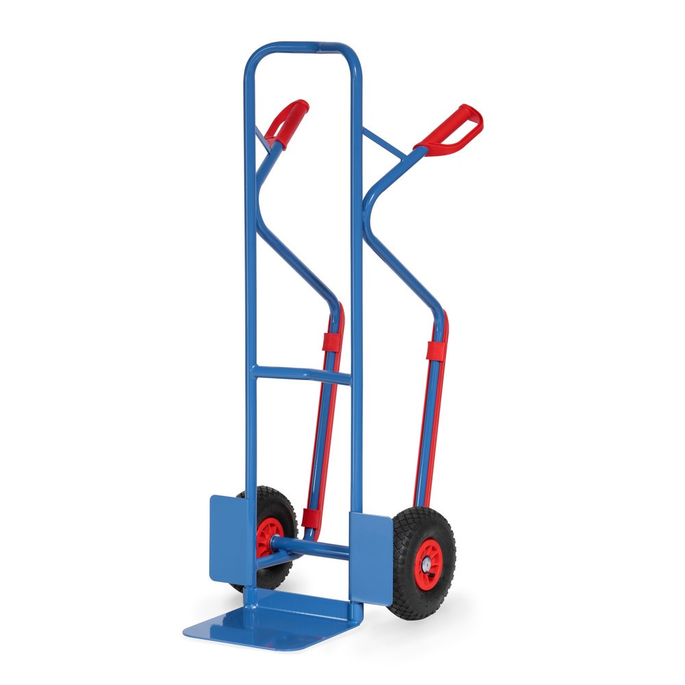 Produktabbildung: fetra® Stapelkarre, Tragkraft 300 kg, Schaufel BxT 320 x 250 mm, mit Gleitkufen, Luft-Bereifung, brillantblau