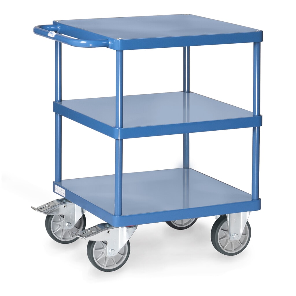 fetra® Tisch- und Montagewagen mit 3 Stahlblechböden à 600 x 600 mm Produktabbildung: fetra® Tisch- und Montagewagen mit 3 Stahlblechböden à 600 x 600 mm