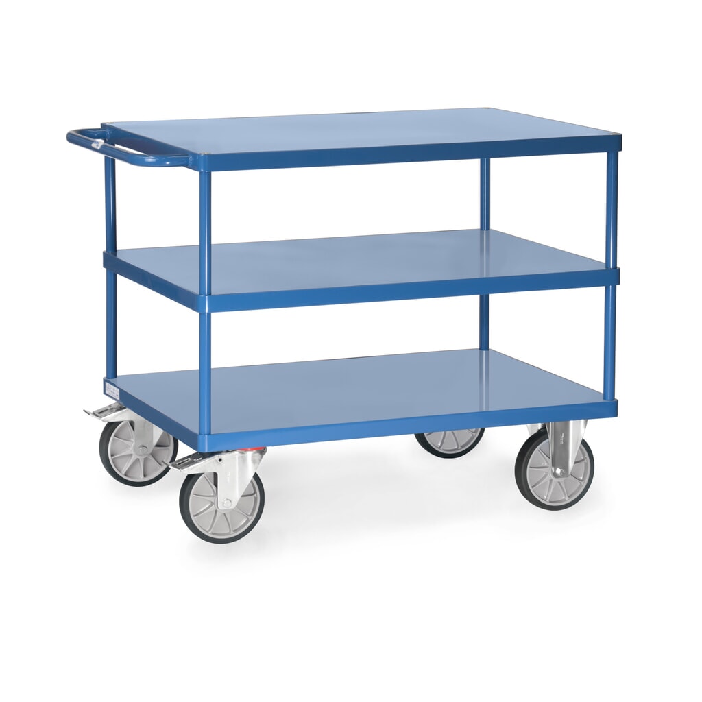 Produktabbildung: fetra® Tisch- und Montagewagen mit 3 Stahlblechböden à 850 x 500 mm