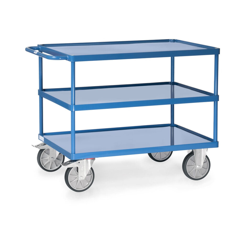Produktabbildung: fetra® Tisch- und Montagewagen mit 3 Stahlblechwannen, Ladefläche à 850 x 500 mm