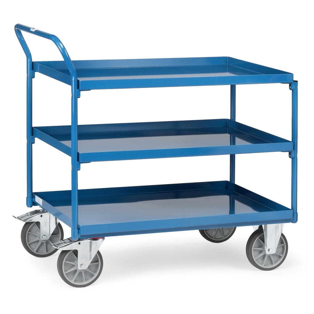 fetra® Tischwagen mit öldichten Wannen, 3 Etagen à 850 x 500 mm, hochstehender Bügel Produktabbildung: fetra® Tischwagen mit öldichten Wannen, 3 Etagen à 850 x 500 mm, hochstehender Bügel