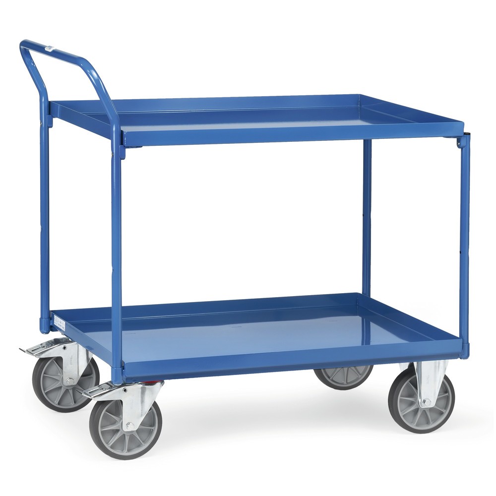 Produktabbildung: fetra® Tischwagen mit öldichten Wannen, 2 Etagen à 1.000 x 700 mm, hochstehender Bügel