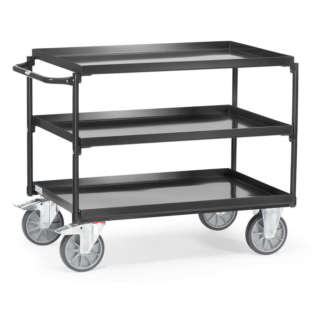 Produktabbildung: fetra® Tischwagen mit öldichten Wannen, 3 Etagen à 850 x 500 mm, waagerechter Bügel, anthrazitgrau
