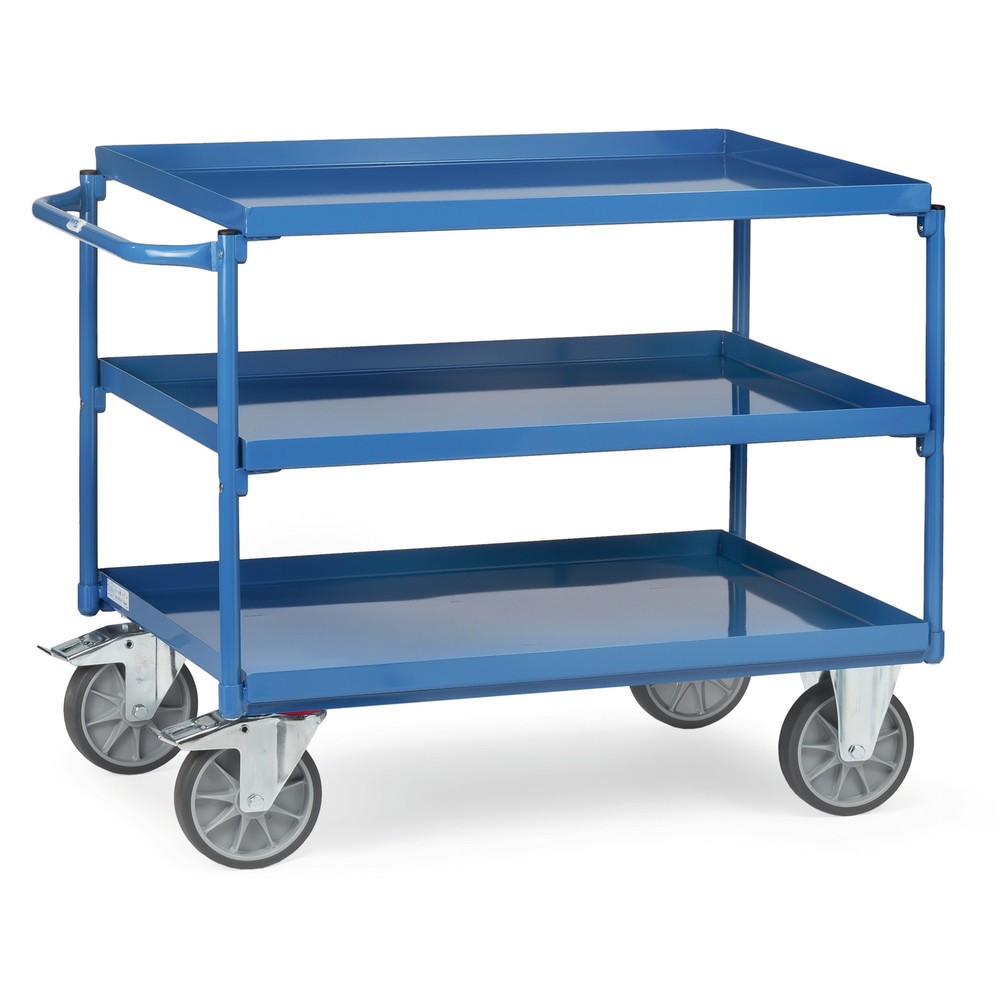Produktabbildung: fetra® Tischwagen mit öldichten Wannen, 3 Etagen à 1.000 x 700 mm, waagerechter Bügel