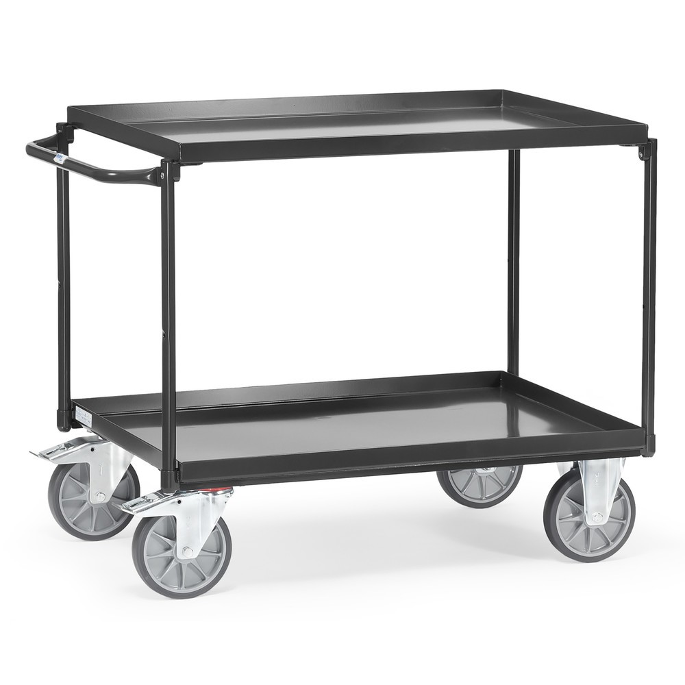 Produktabbildung: fetra® Tischwagen mit öldichten Wannen, 2 Etagen à 850 x 500 mm, waagerechter Bügel, anthrazitgrau