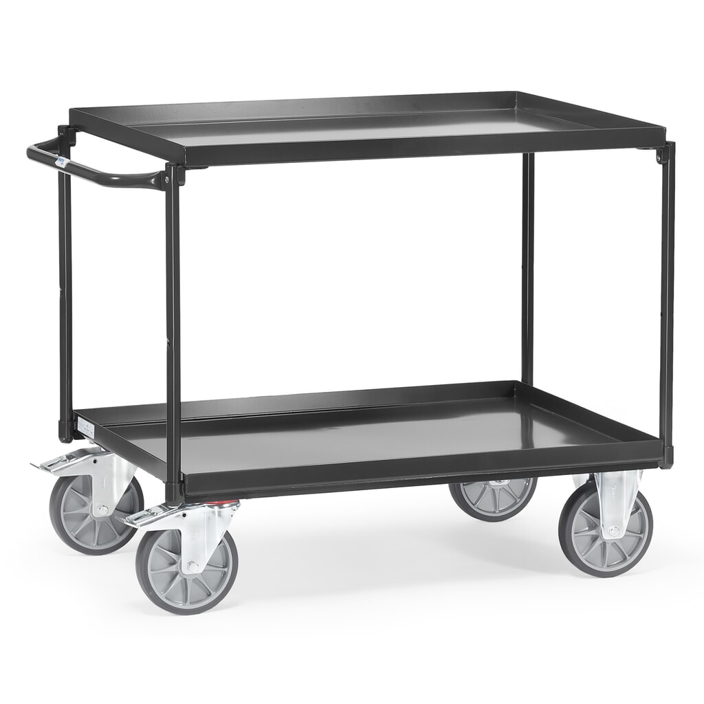 Produktabbildung: fetra® Tischwagen mit öldichten Wannen, 2 Etagen à 850 x 500 mm, waagerechter Bügel, anthrazitgrau
