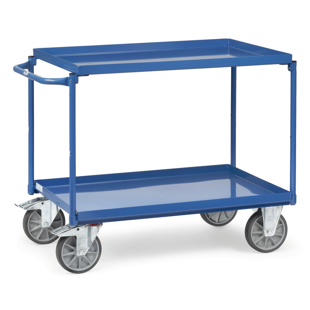 Produktabbildung: fetra® Tischwagen mit öldichten Wannen, 2 Etagen à 850 x 500 mm, waagerechter Bügel