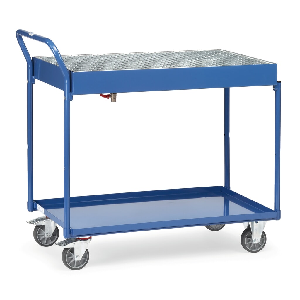 fetra® Tischwagen mit öldichten Wannen, Gitterrost und Ablaufhahn Produktabbildung: fetra® Tischwagen mit öldichten Wannen, Gitterrost und Ablaufhahn
