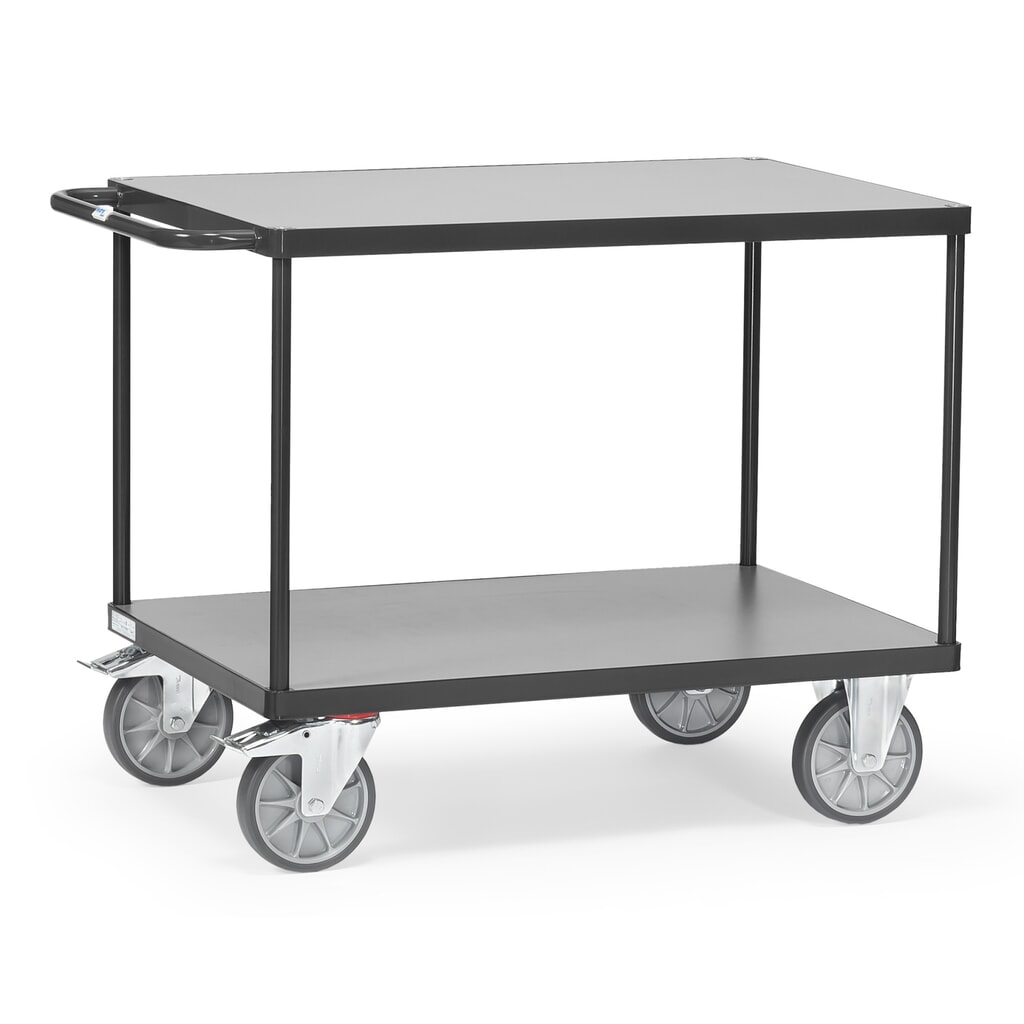 fetra® Schwerer Tisch- und Montagewagen, 2 Etagen à 500 x 850 mm, anthrazitgrau Produktabbildung: fetra® Schwerer Tisch- und Montagewagen, 2 Etagen à 500 x 850 mm, anthrazitgrau