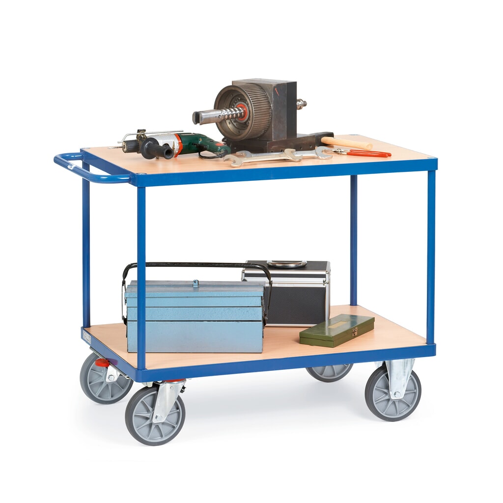 fetra® Schwerer Tisch- und Montagewagen, 2 Etagen à 600 x 1.000 mm, mit Zentralbremse Produktabbildung: fetra® Schwerer Tisch- und Montagewagen, 2 Etagen à 600 x 1.000 mm, mit Zentralbremse