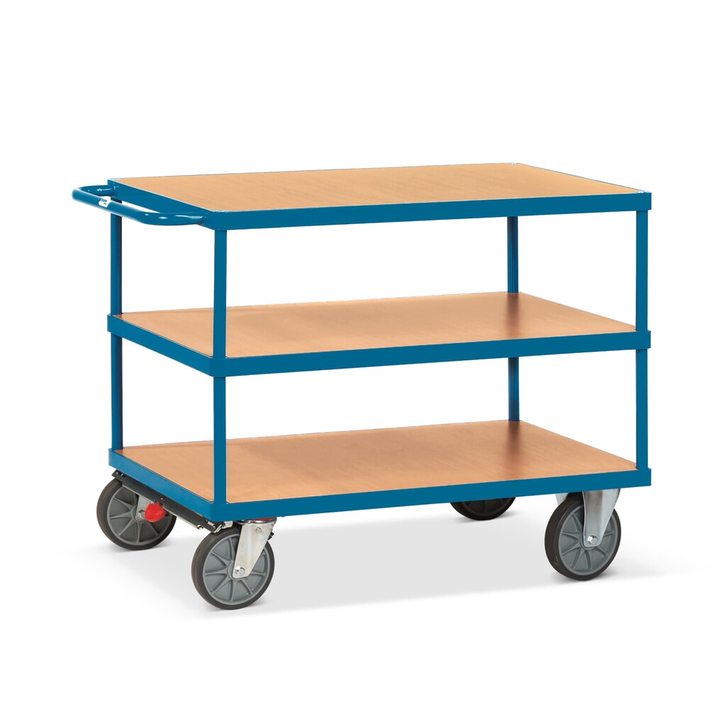 fetra® Schwerer Tisch- und Montagewagen, 3 Etagen à 800 x 1.200 mm, mit Zentralbremse Produktabbildung: fetra® Schwerer Tisch- und Montagewagen, 3 Etagen à 800 x 1.200 mm, mit Zentralbremse
