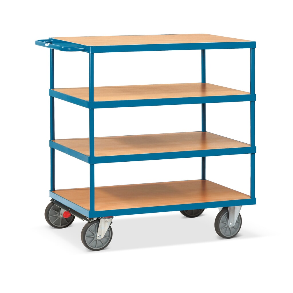 fetra® Schwerer Tisch- und Montagewagen, 4 Etagen à 700 x 1.000 mm, mit Zentralbremse Produktabbildung: fetra® Schwerer Tisch- und Montagewagen, 4 Etagen à 700 x 1.000 mm, mit Zentralbremse