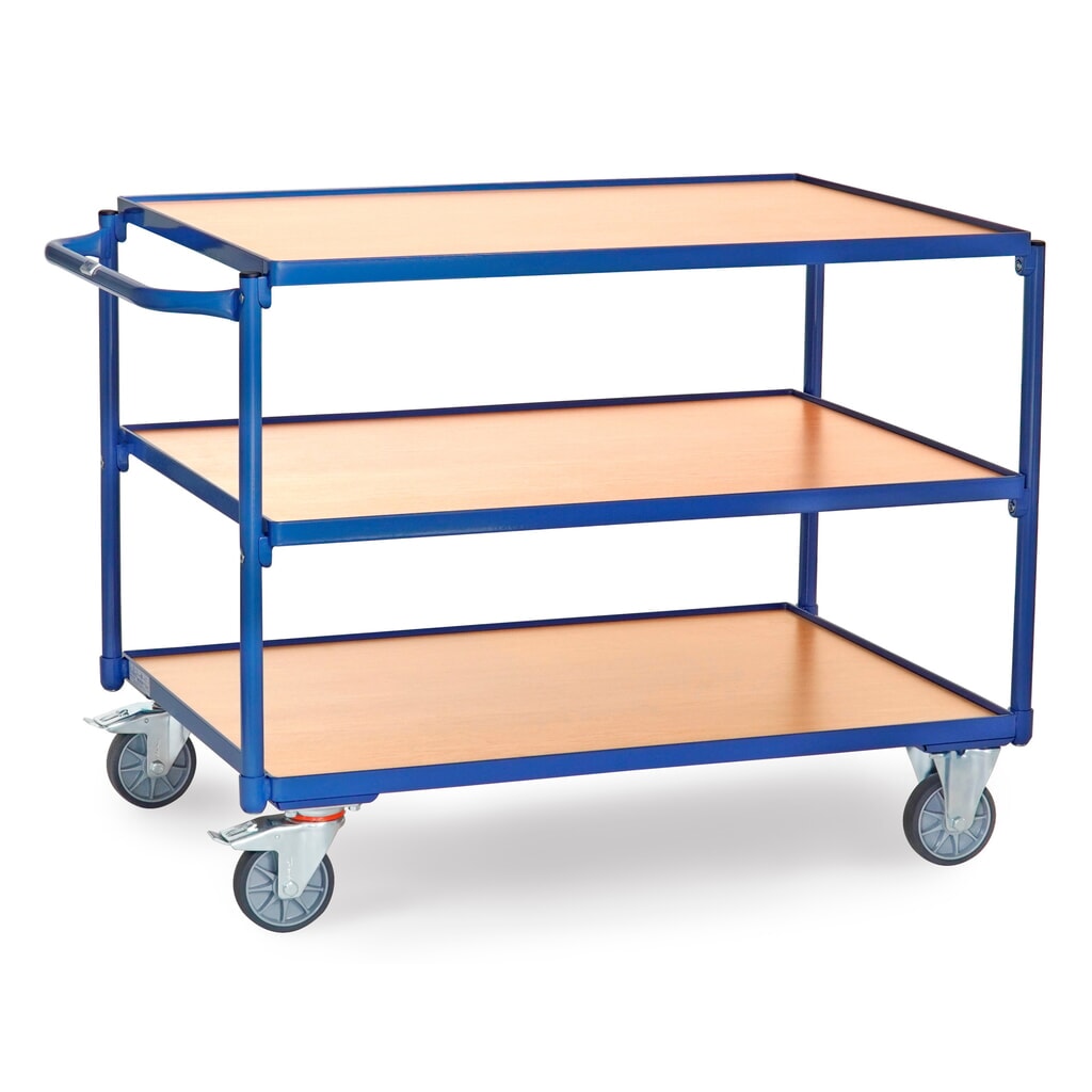 fetra® Tischwagen, TK 300 kg, 3 Etagen à 1.000 x 700 mm, waagerechter Schiebebügel Produktabbildung: fetra® Tischwagen, TK 300 kg, 3 Etagen à 1.000 x 700 mm, waagerechter Schiebebügel