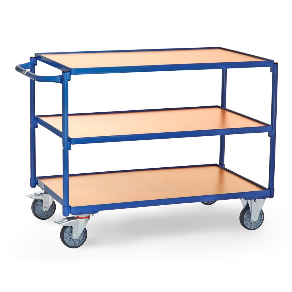 Produktabbildung: fetra® Tischwagen, TK 300 kg, 3 Etagen à 1.000 x 600 m, waagerechter Schiebebügel