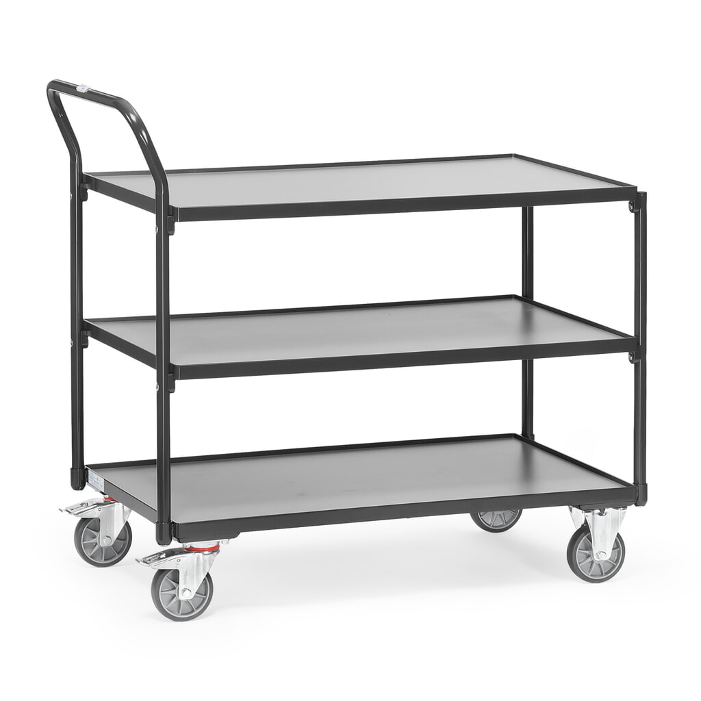 Produktabbildung: fetra® Tischwagen, TK 300 kg, 3 Etagen à 850 x 500 mm, hochstehender Schiebebügel, anthrazitgrau