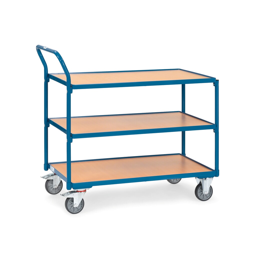 fetra® Tischwagen, TK 300 kg, 3 Etagen à 850 x 500 mm, hochstehender Schiebebügel Produktabbildung: fetra® Tischwagen, TK 300 kg, 3 Etagen à 850 x 500 mm, hochstehender Schiebebügel