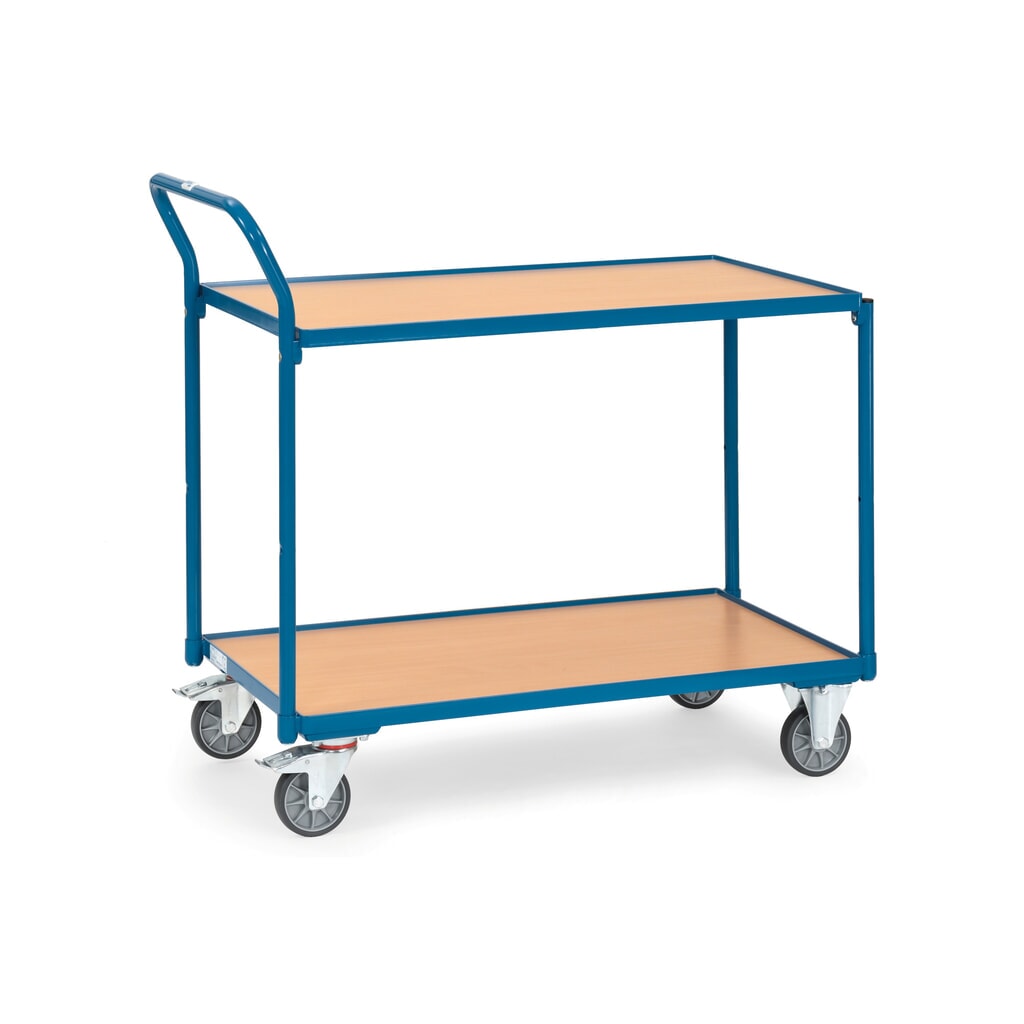 Produktabbildung: fetra® Tischwagen, TK 300 kg, 2 Etagen à 850 x 500 mm, hochstehender Schiebebügel