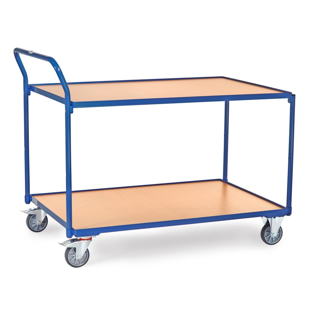 Produktabbildung: fetra® Tischwagen, TK 300 kg, 2 Etagen à 1.200 x 800 mm, hochstehender Schiebebügel