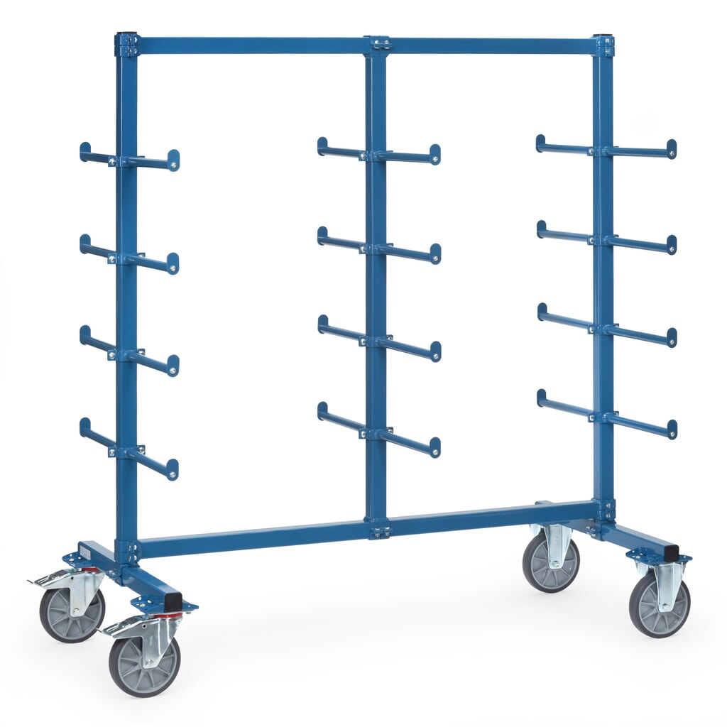 Produktabbildung: fetra® Tragarmwagen, zweiseitig, 24 Tragarme mit Abrollsicherung und PVC, HxBxT 1.807 x 1.400 x 800 mm