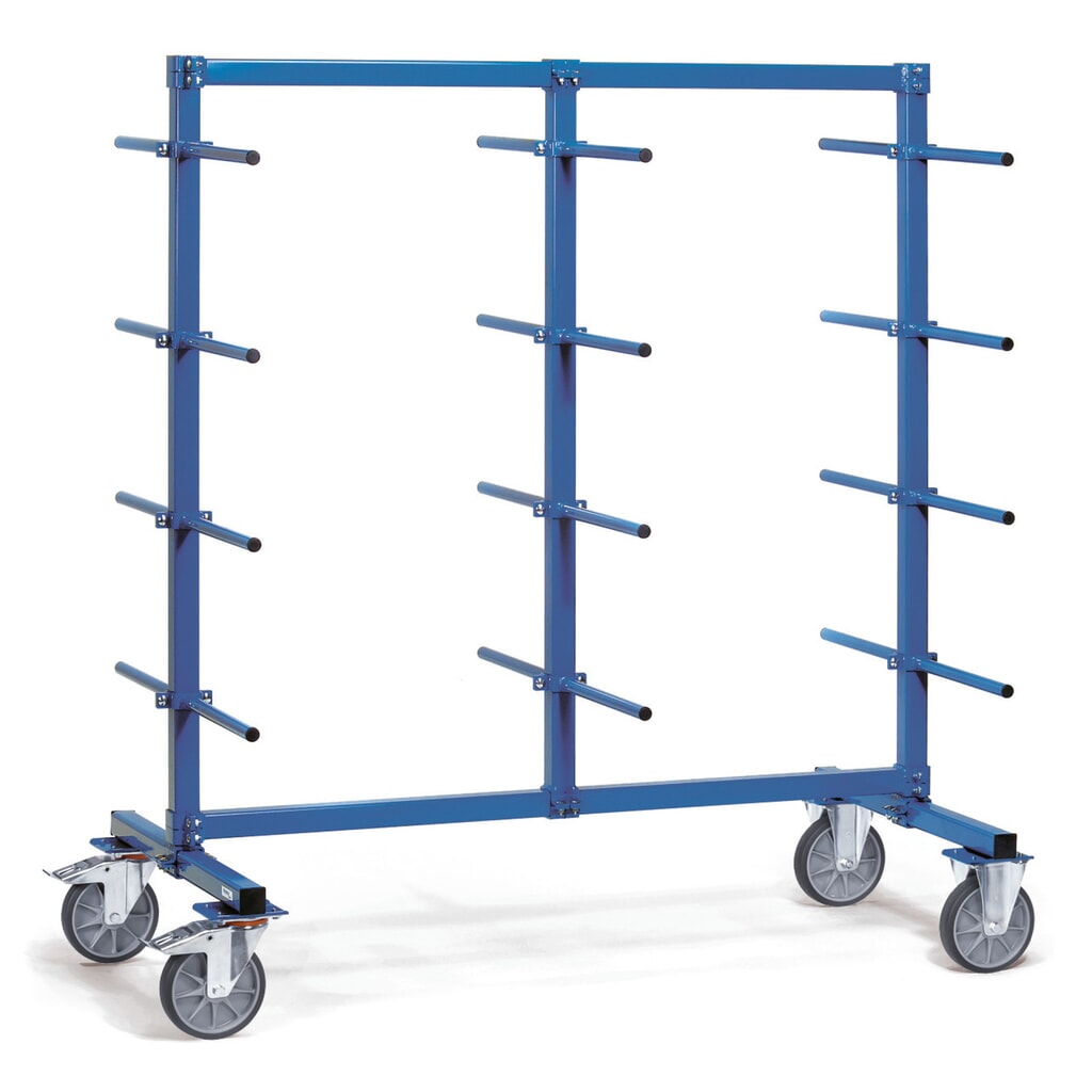 Produktabbildung: fetra® Tragarmwagen, zweiseitig, 24 Tragarme mit PVC, HxBxT 1.807 x 1.400 x 800 mm