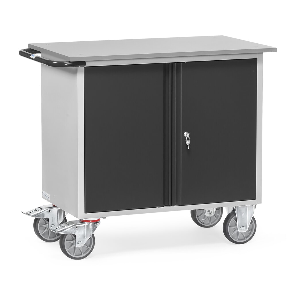 Produktabbildung: fetra® Werkstattwagen mit flacher Arbeitsplatte, Doppelflügeltürschrank, 3 Ablagen