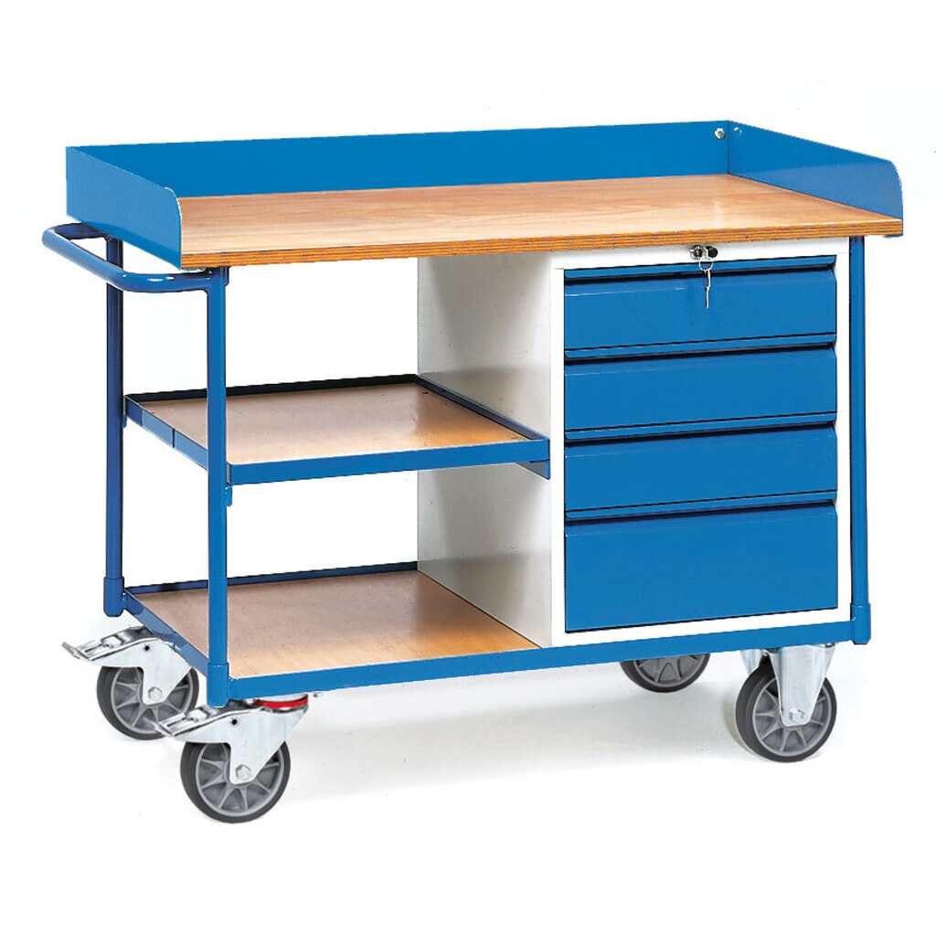fetra® Werkstattwagen mit hohem Rand, 4 Schubladen, 3 Ablagen, TK 400 kg Produktabbildung: fetra® Werkstattwagen mit hohem Rand, 4 Schubladen, 3 Ablagen, TK 400 kg