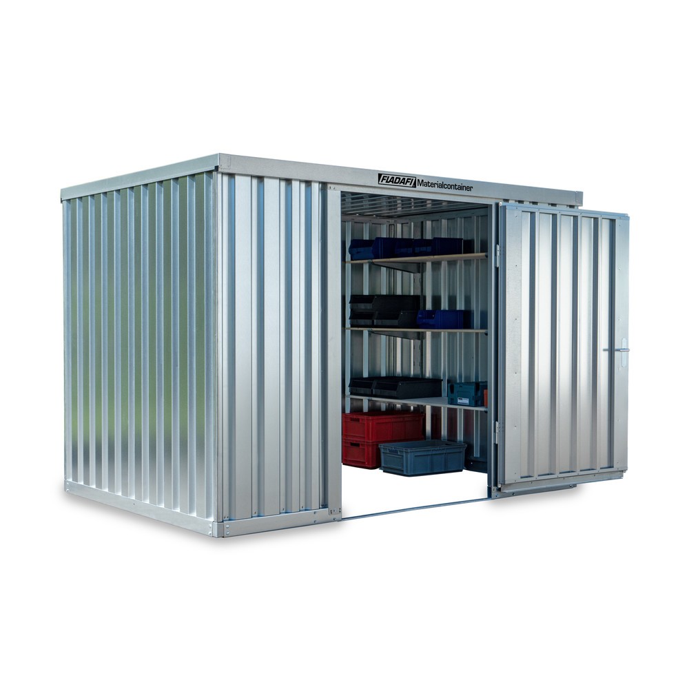 Produktabbildung: FLADAFI® Materialcontainer 6m², verzinkt, zerlegt, ohne Boden, Maße außen 3050x2170x2115 mm, Einzelflügeltür, mittig in Stirnseite