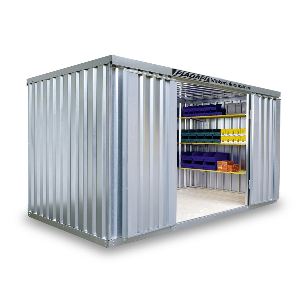 Produktabbildung: FLADAFI® Materialcontainer, verzinkt, zerlegt, 2 m², mit Holzfußboden, HxBxT 2.150 x 2.100 x 1.140 mm, Doppelflügeltür (asymmetrische Teilung), mittig in Breitseite