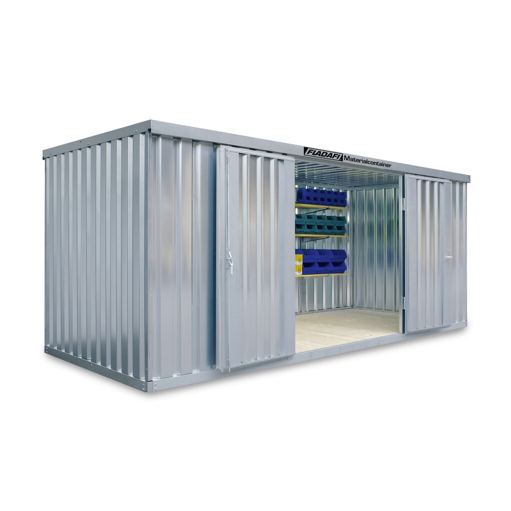 FLADAFI® Materialcontainer, verzinkt, zerlegt, 10 m², mit Holzfußboden, HxBxT 2.150 x 5.080 x 2.170 mm, Doppelflügeltür, mittig in Breitseite Produktabbildung: FLADAFI® Materialcontainer, verzinkt, zerlegt, 10 m², mit Holzfußboden, HxBxT 2.150 x 5.080 x 2.170 mm, Doppelflügeltür, mittig in Breitseite