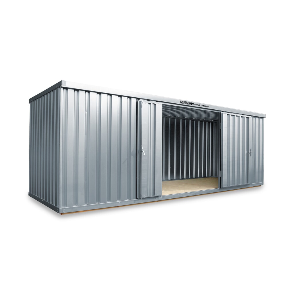 FLADAFI® Materialcontainer, verzinkt, zerlegt, 12 m², mit Holzfußboden, HxBxT 2.150 x 6.080 x 2.170 mm, Doppelflügeltür (asymmetrische Teilung), mittig in Breitseite, Zusatztür Produktabbildung: FLADAFI® Materialcontainer, verzinkt, zerlegt, 12 m², mit Holzfußboden, HxBxT 2.150 x 6.080 x 2.170 mm, Doppelflügeltür (asymmetrische Teilung), mittig in Breitseite, Zusatztür