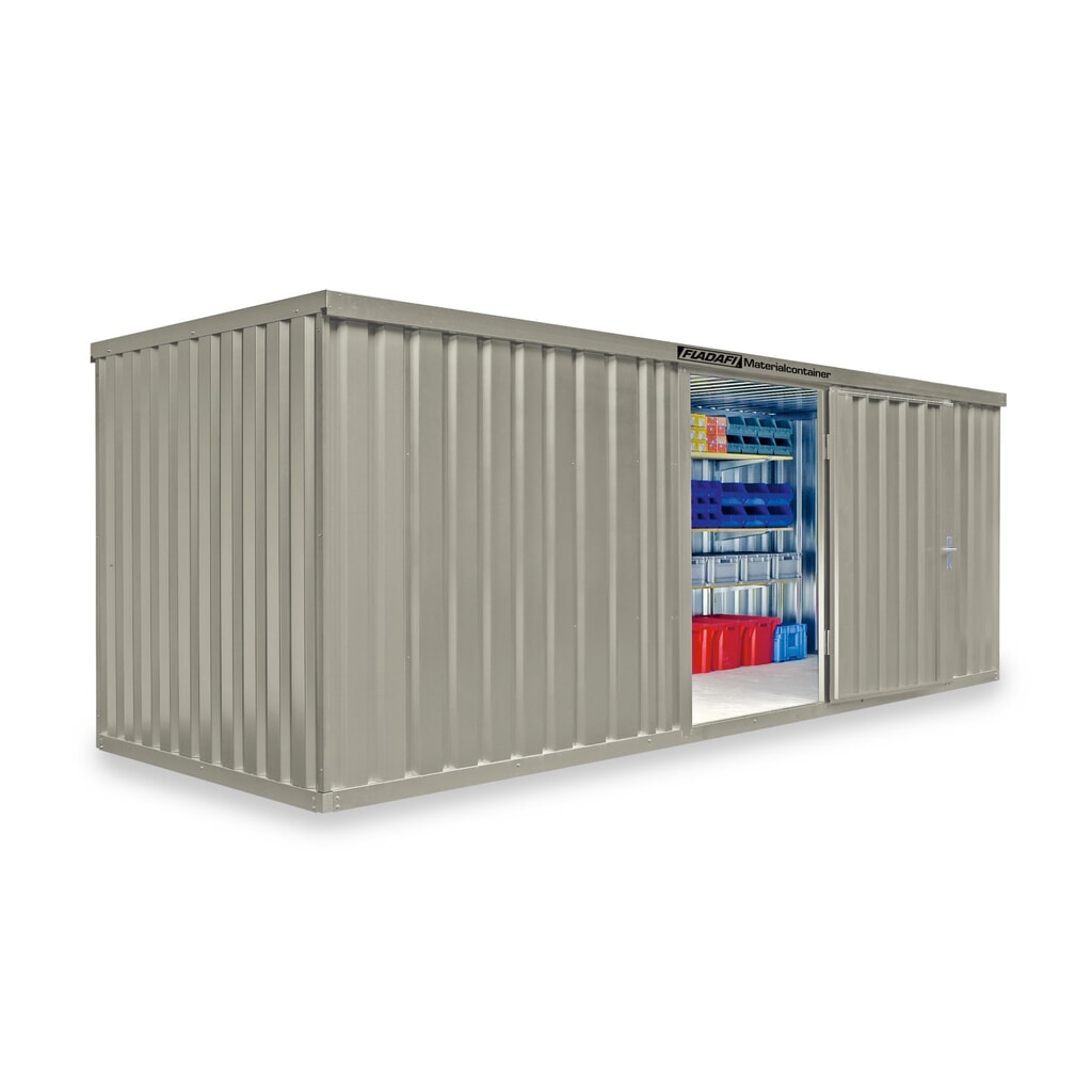 Produktabbildung: FLADAFI® Materialcontainer Einzelmodul, lackiert, HxBxT 2.150 x 6.080 x 2.170 mm, montiert, Holzfußboden, grauweiß