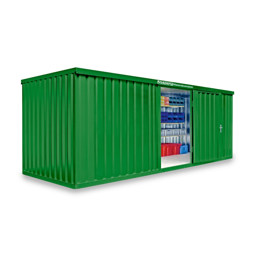Produktabbildung: FLADAFI® Materialcontainer Einzelmodul, lackiert, HxBxT 2.150 x 6.080 x 2.170 mm, montiert, Holzfußboden, grasgrün